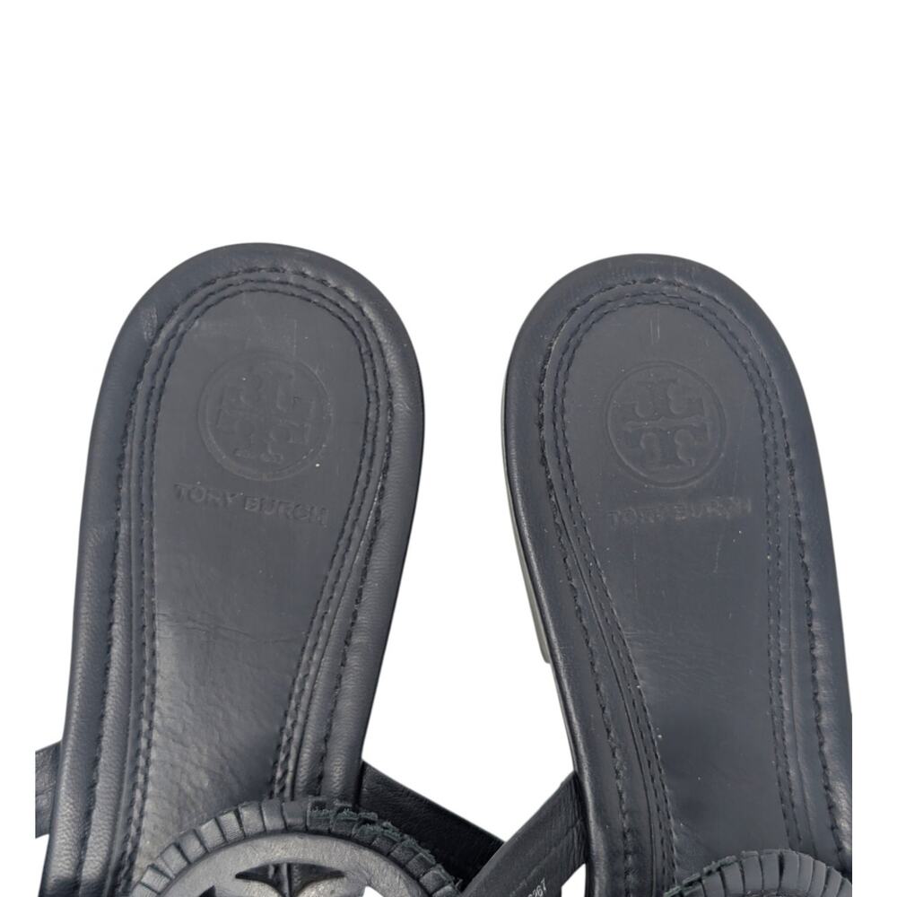 Tory Burch Miller Fringe Sandals‎ Black Size 9 Logo Thong Leather Flat - Picture 6 of 7